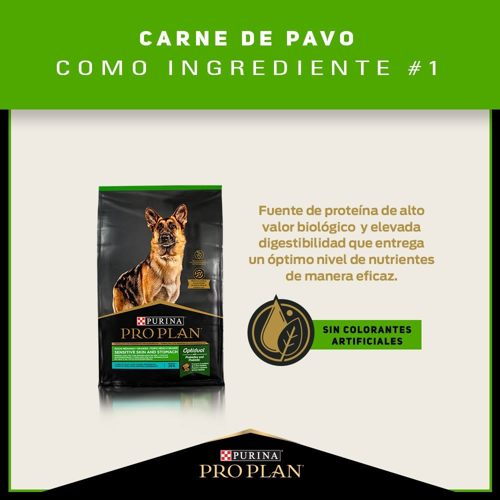 Pro Plan Sensitive Skin and Stomach Adultos Razas Medianas y Grandes de Pavo